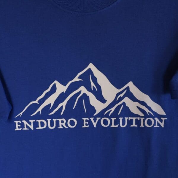 A blue shirt with an image of mountains on it.