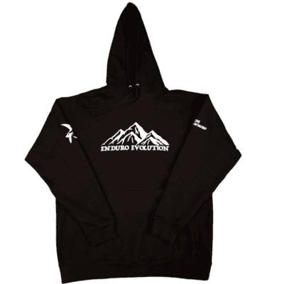 A black hoodie with a mountain on it.