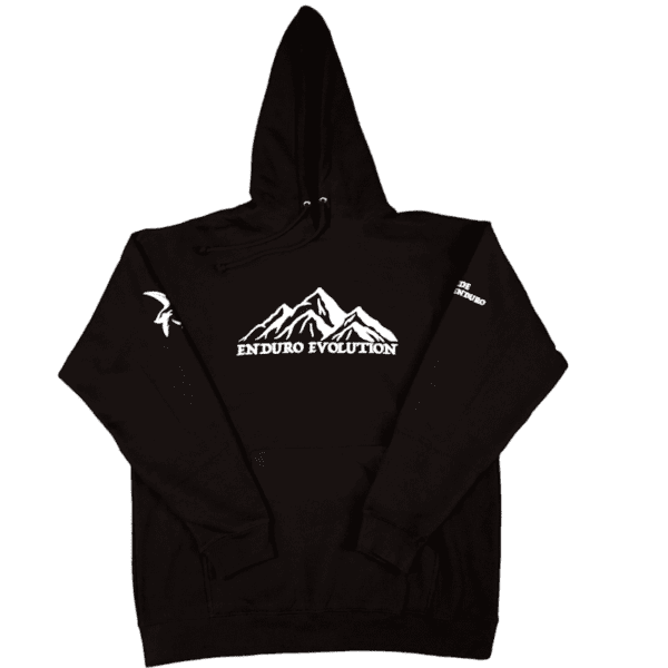 A black hoodie with a mountain on it.
