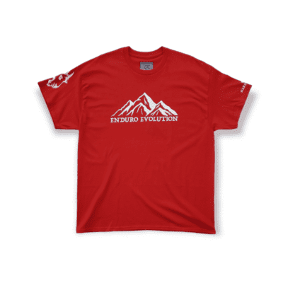 A red shirt with a white mountain on it