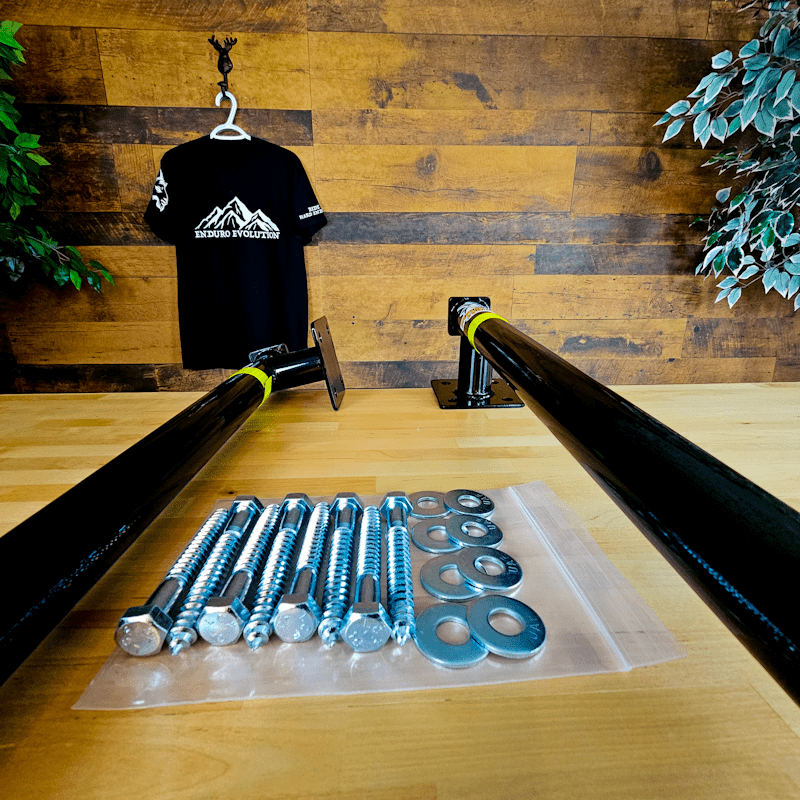 A table with some black poles and nuts