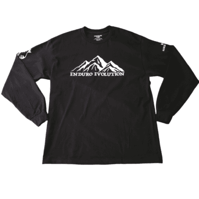 A black long sleeve shirt with a mountain on it.