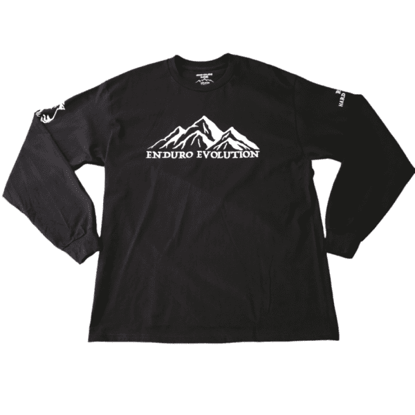 A black long sleeve shirt with a mountain on it.