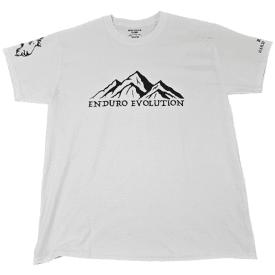 A white t-shirt with the words enduro evolution on it.