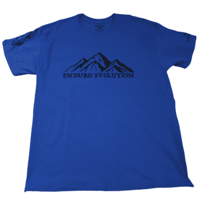 A blue shirt with an image of mountains on it.